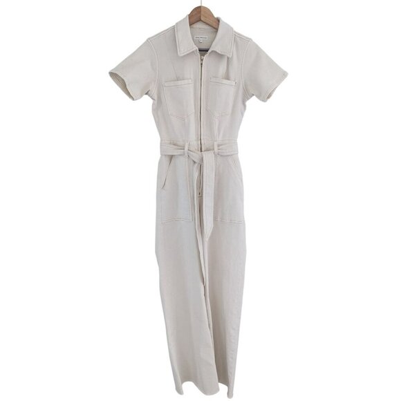 Good American Utility White Denim Belted Short Sleeve Jumpsuit Women's Size 0 - Picture 1 of 12